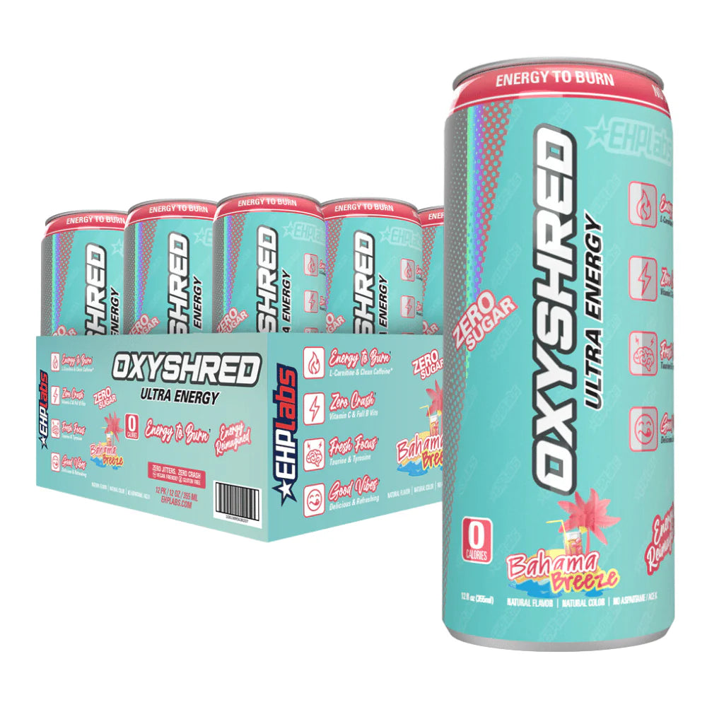 Front of OxyShred Bahama Breeze Flavour Zero Sugar Energy Drink case showing the logo, vibrant tropical design, and 12 pack size (12 x 355ml)