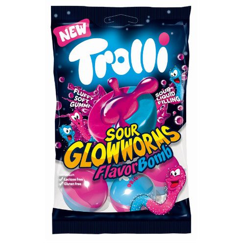Front of a Trolli Sour Glow Worms Flavor Bomb bag with bright colours and sour gummy worms illustration (75g pack)