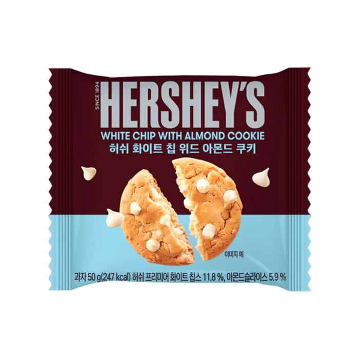 Front of Hershey's White Chip Almond Cookie packaging showcasing the logo, flavour details, and cookie pieces (50g pack)