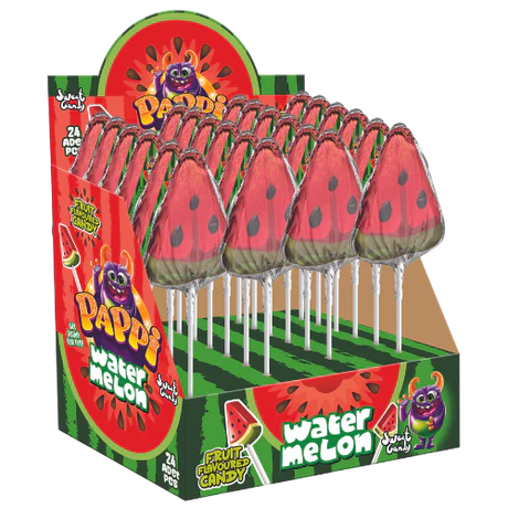 Front of Pappi Watermelon Lollipop display showing watermelon-themed design and logo (25g)