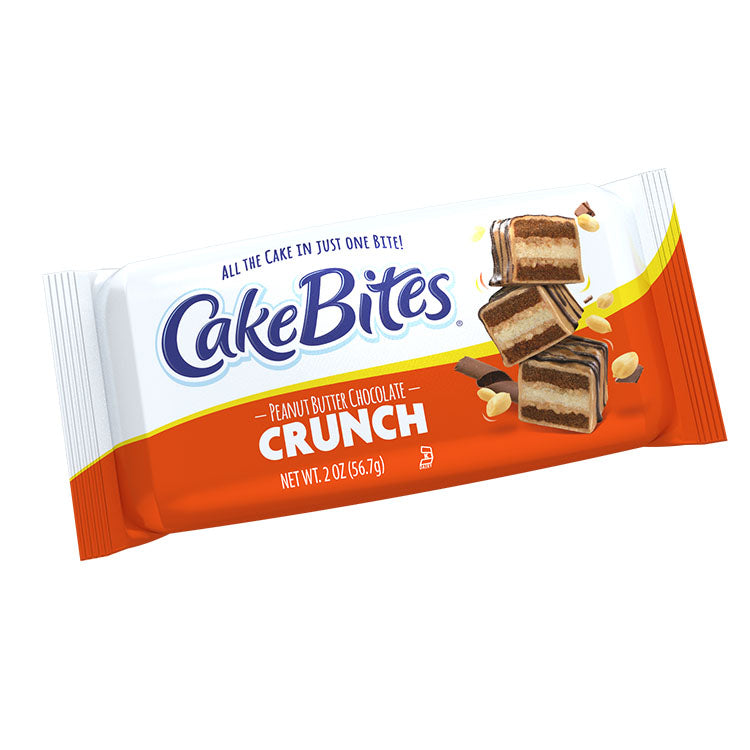 Front of Cake Bites Peanut Butter Chocolate Crunch packaging showing logo, peanut butter chocolate flavour text, and images of crunchy cake bites (56.7g pack)