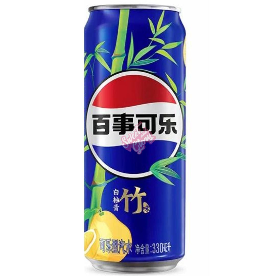 Front of Pepsi Pomelo Bamboo can showing bold blue design, bamboo graphics, and pomelo flavour label (330ml pack)
