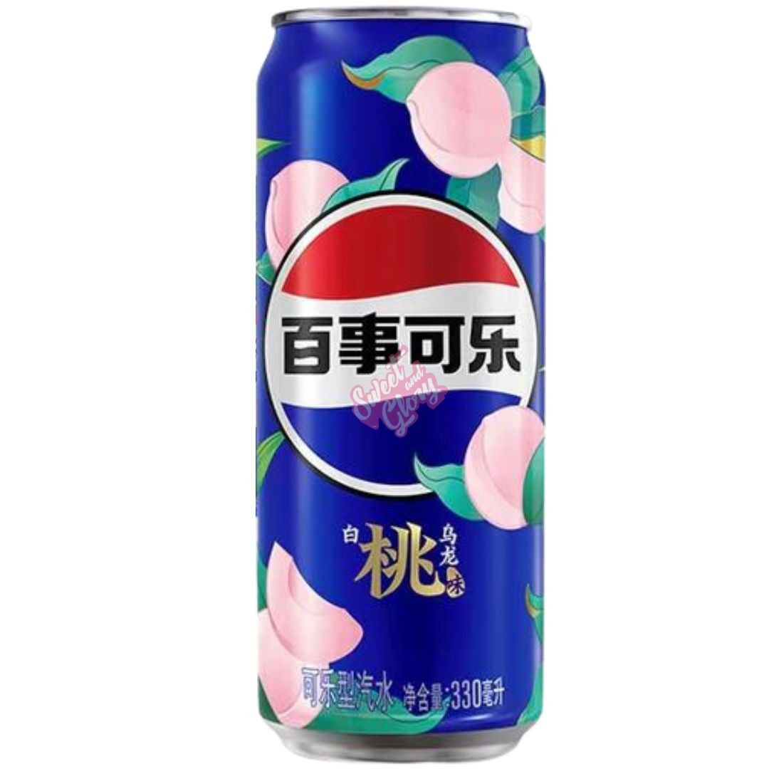 Front of Pepsi White Peach can featuring the logo, peach graphics, and 330ml sizing.