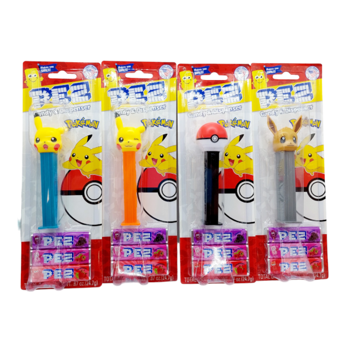 Front of PEZ Pokémon Blister Pack showing various character dispensers, vibrant packaging, and the product title (24.7g pack)