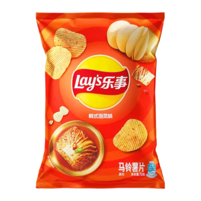 Front of Lay's Korean Kimchi bag showing logo and image of crisps (70g pack)