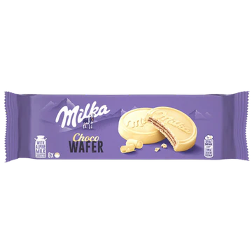 Front of Milka Choco Wafer White packaging showing purple wrapper, logo, and image of the wafers (180g pack)