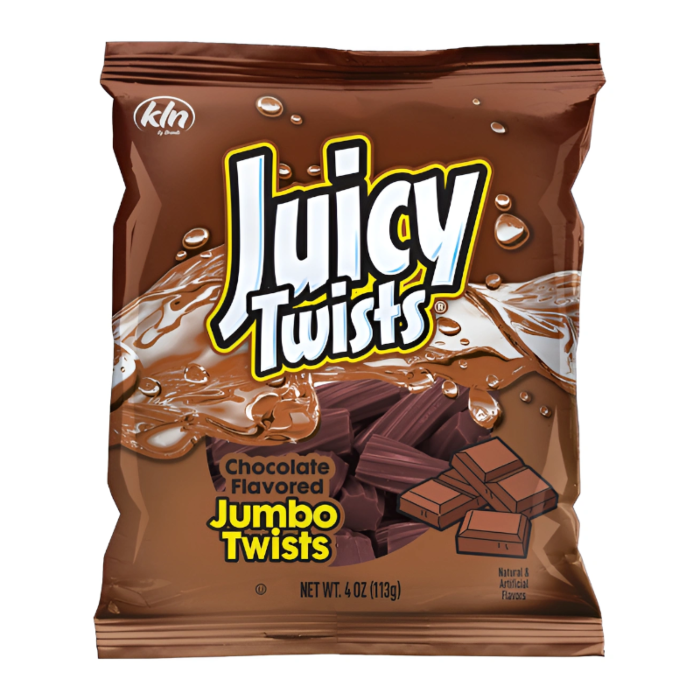 Front of a pack of Juicy Twists Chocolate showing logo, chocolate flavour label, and chocolate twists (113g)