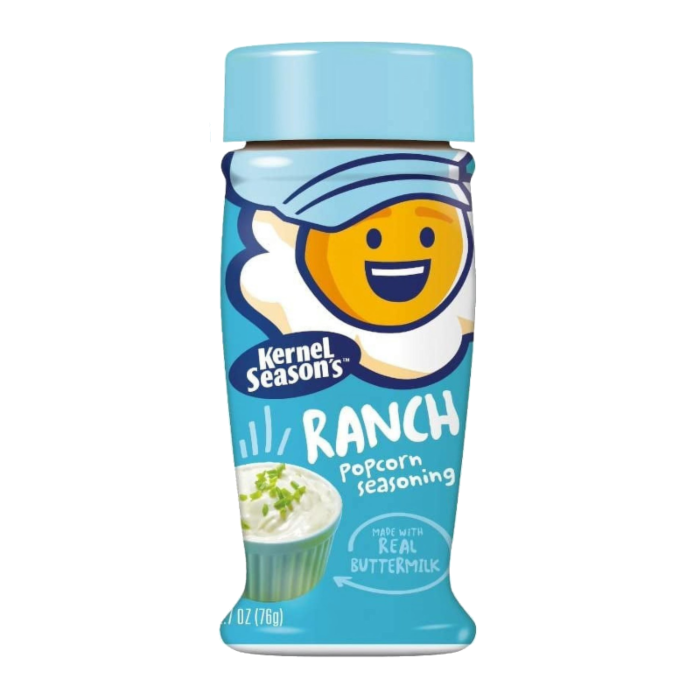 Front of Kernel Season's Ranch Popcorn Seasoning 78g showing bold blue design, ranch flavour label, and illustration of ranch dip.