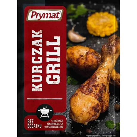 Front of Prymat Chicken Grill Seasoning package showcasing red and black packaging, featuring the product name and delicious grilled chicken imagery (20g pack)