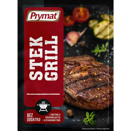 Front of Prymat Grilled Steak Seasoning packet showing bold red logo, steak grilling label, and a beautifully grilled steak image (20g pack)