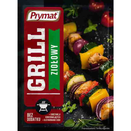 Front of Prymat Herbs Grill Seasoning pack featuring bold red and green design, displaying the product name and herbs imagery (20g).