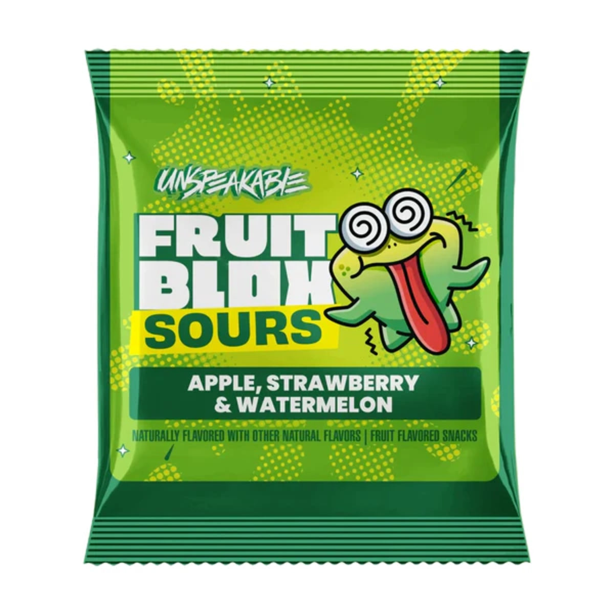Front of Unspeakable FruitBlox Sours Gummies pack featuring vibrant green design with logo, apple, strawberry, and watermelon flavours (20g)