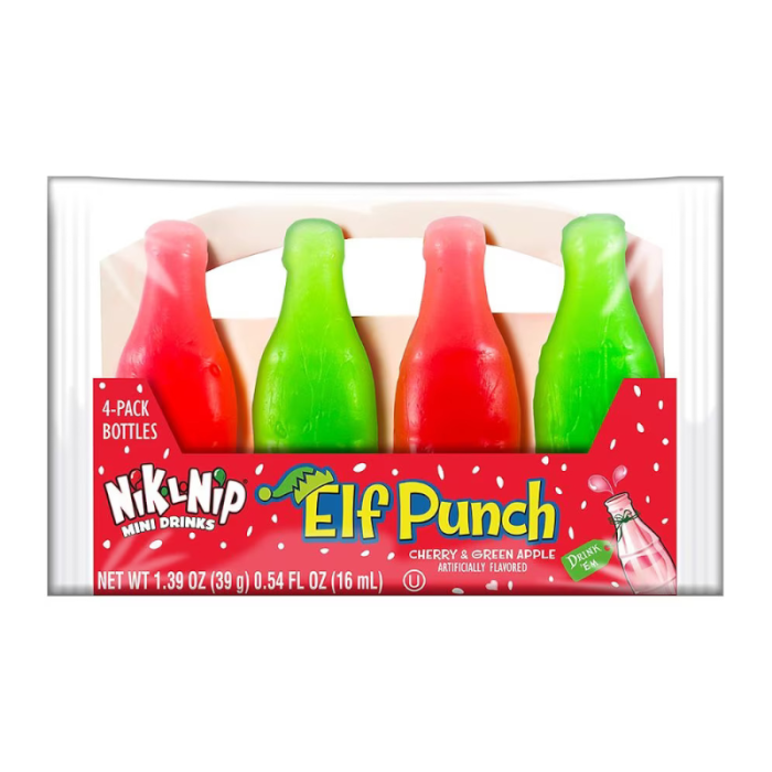 Front of Nik-L-Nip Elf Punch Wax Bottles 4 Pack showing red and green wax bottles, cherry and green apple flavour label, and 39g weight