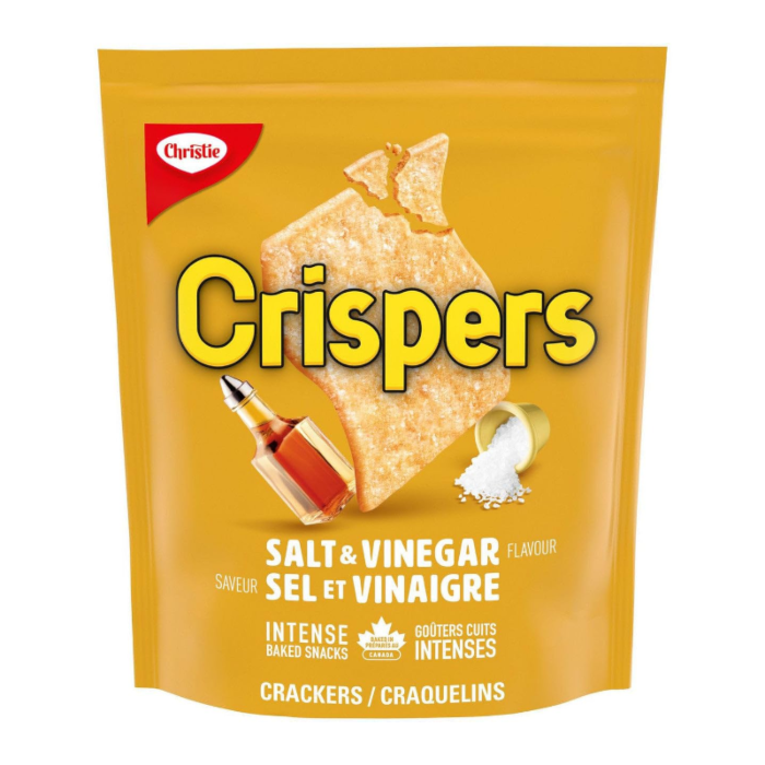 Front of a Crispers Salt & Vinegar Crackers bag showing bold yellow packaging with salt and vinegar imagery (145g pack)