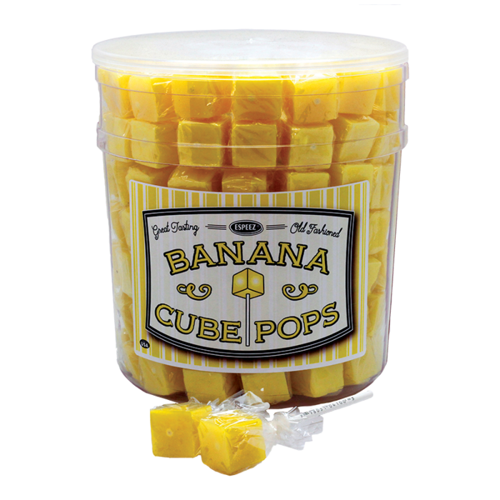 Front of Espeez Banana Cube Pops tub with the label showing banana flavour, bright yellow cubes, and 21g pack size