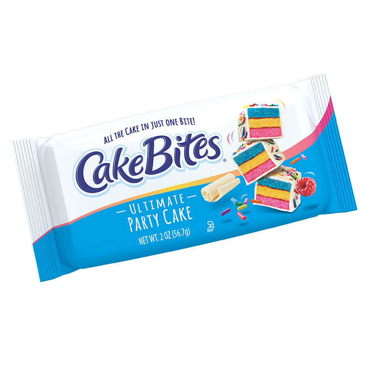 Front of Cake Bites Ultimate Party Cake packaging showing colourful cake slices, sprinkles, and the product name (56.7g pack)