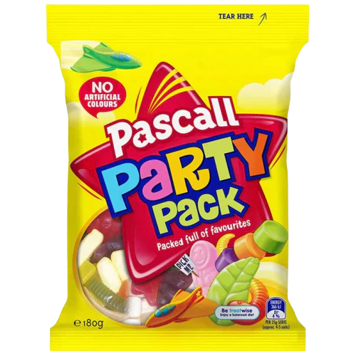Front of Pascall Party Pack bag showing bright logo with assorted sweets in a fun and colourful design (180g pack)