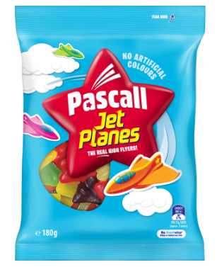 Front of Pascall Jet Planes bag featuring colourful chewy sweets with the logo and playful designs (180g pack)