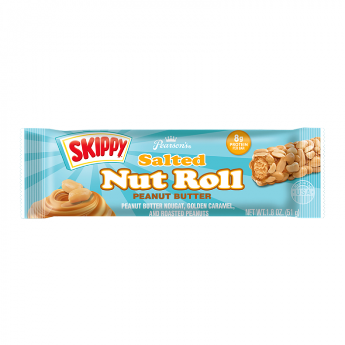 Front of Skippy Peanut Butter Salted Nut Roll wrapper showing brand logo, peanut butter flavour, and pack size (51g).