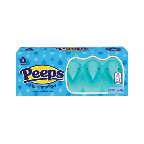Front of Peeps Blue Chicks pack showing blue marshmallow chicks with logo, suitable for snacks and baking (42g pack)