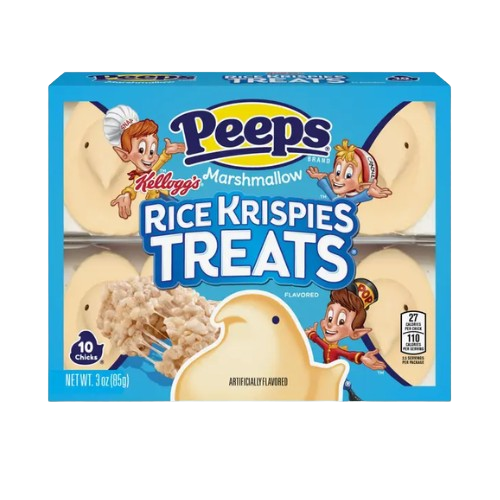 Front of Peeps Rice Krispies Treats Chicks box showing playful logo, chick-shaped treats, and packaging details (85g pack)