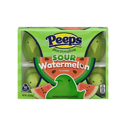 Front of Peeps Sour Watermelon Chicks box featuring bright green packaging with a watermelon design, showcasing marshmallow chicks (85g pack)