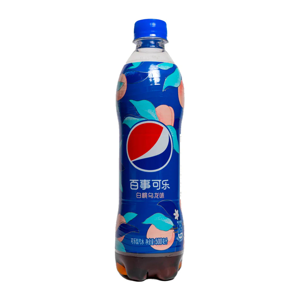 Front of Pepsi Peach Oolong bottle featuring a blue label with peach and leaves design, product name, and 500ml size.