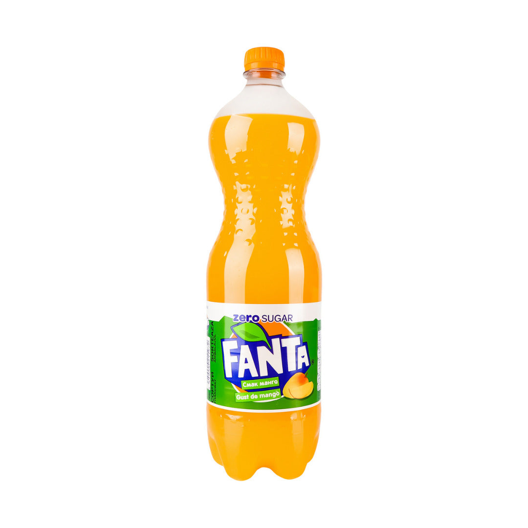 Front of Fanta Mango Zero bottle displaying vibrant mango flavour label, zero sugar claim, and 500ml pack size