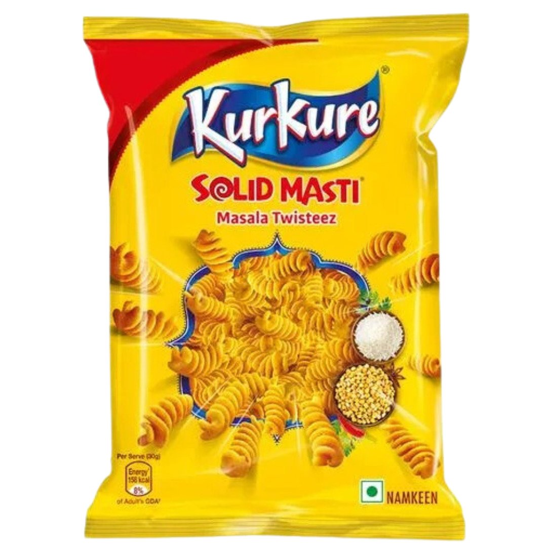 Front of Kurkure Solid Masti packet showing bold red and yellow design with Masala Twisteez and 50g size.