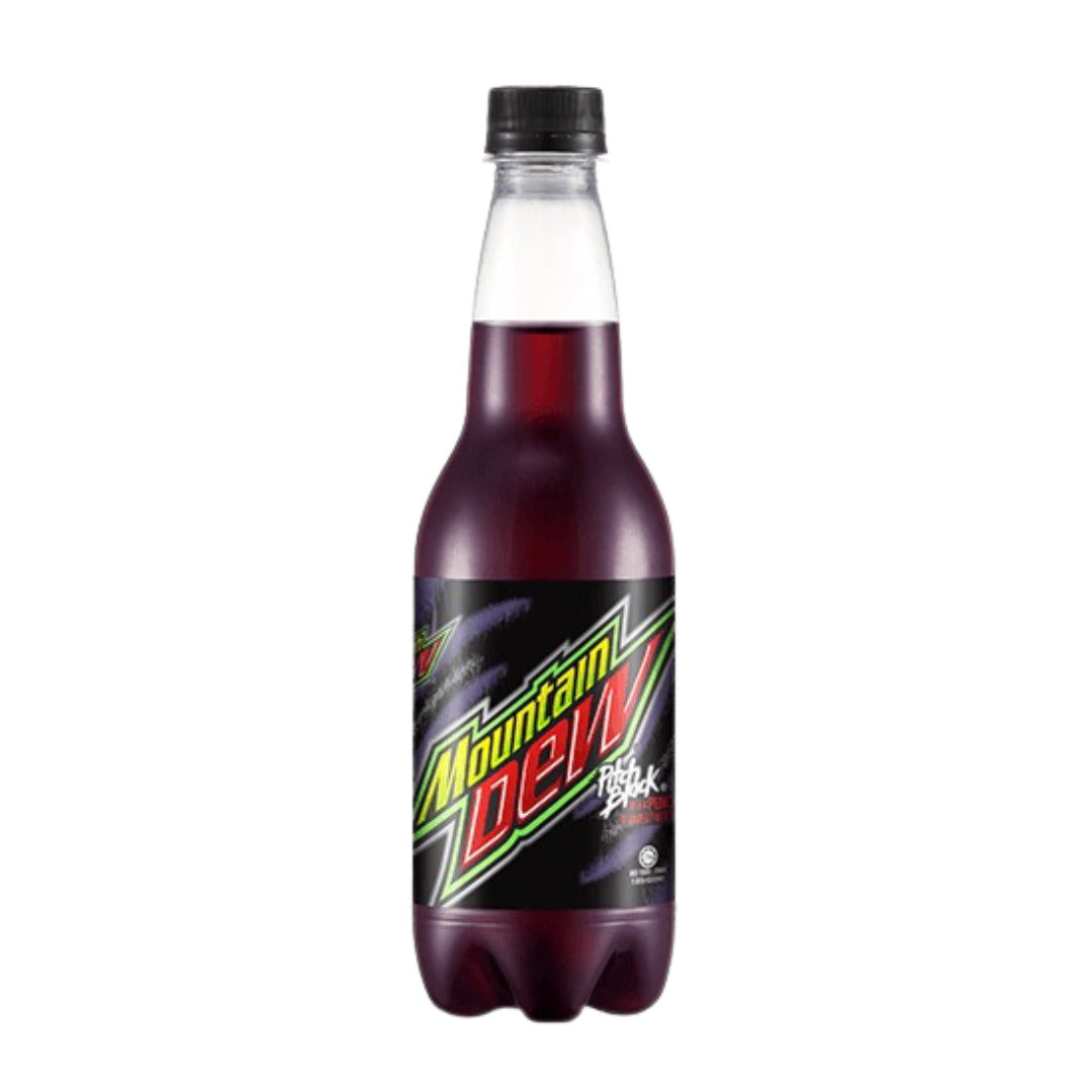Front of Mountain Dew Pitch Black bottle showing the logo, bold black label, and vibrant drink colour (400ml pack)