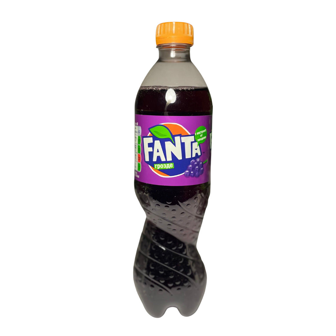 Front of Fanta Grapeade bottle showing bold logo, grape flavour label, and 500ml pack size.