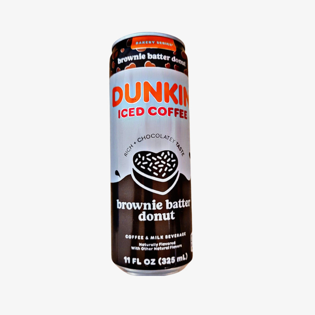 Front of Dunkin Donuts Brownie Batter Donut Iced Coffee can showcasing rich chocolate flavour and 355ml size