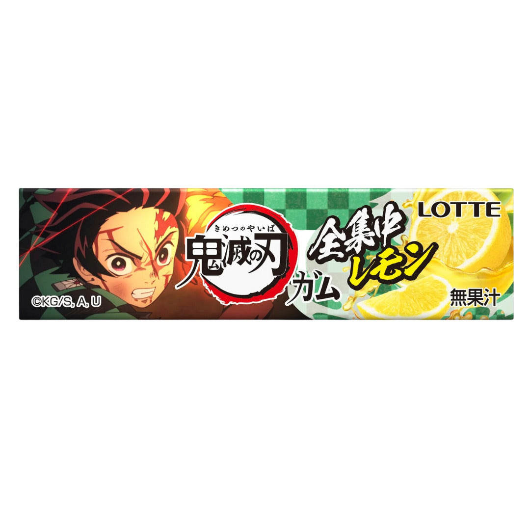 Front of Lotte Demon Slayer Gum pack showing vibrant design with lemon flavour, character illustration, and 45g size label.