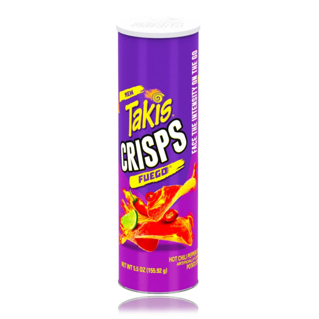 Front of Takis Fuego Crisps Canisters showing vibrant purple packaging, logo, image of pepper and lime, and 156g size.