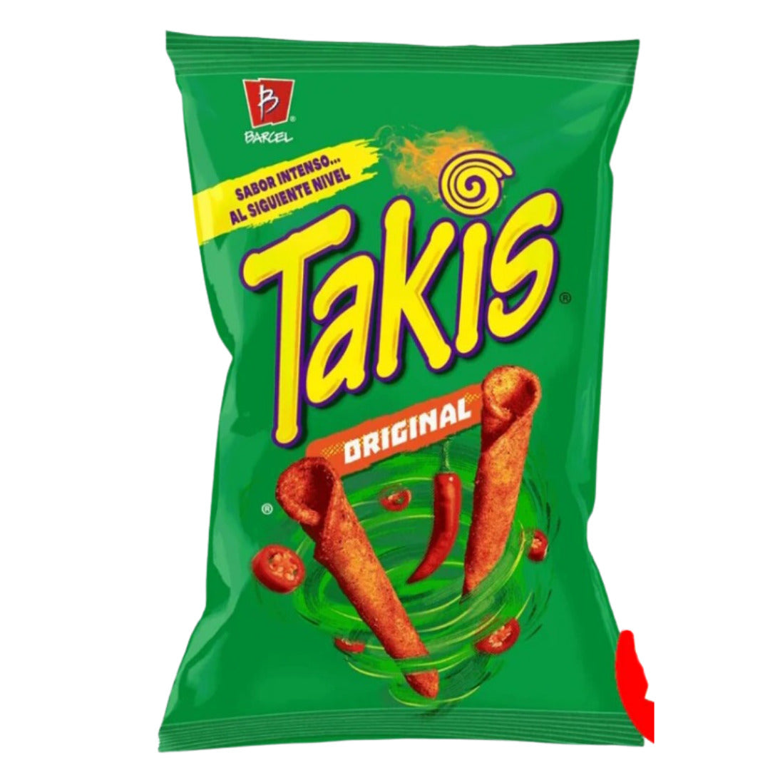 Front of Takis Original Rolled Tortilla Corn Chips bag featuring bright green packaging, the logo, and rolled tortilla chips (70g pack)