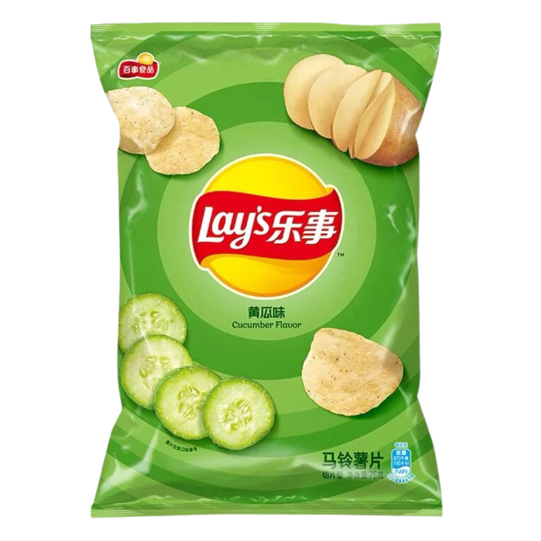 Front of Lay's Cucumber 70g bag featuring the logo, cucumber flavour image, and green packaging design.