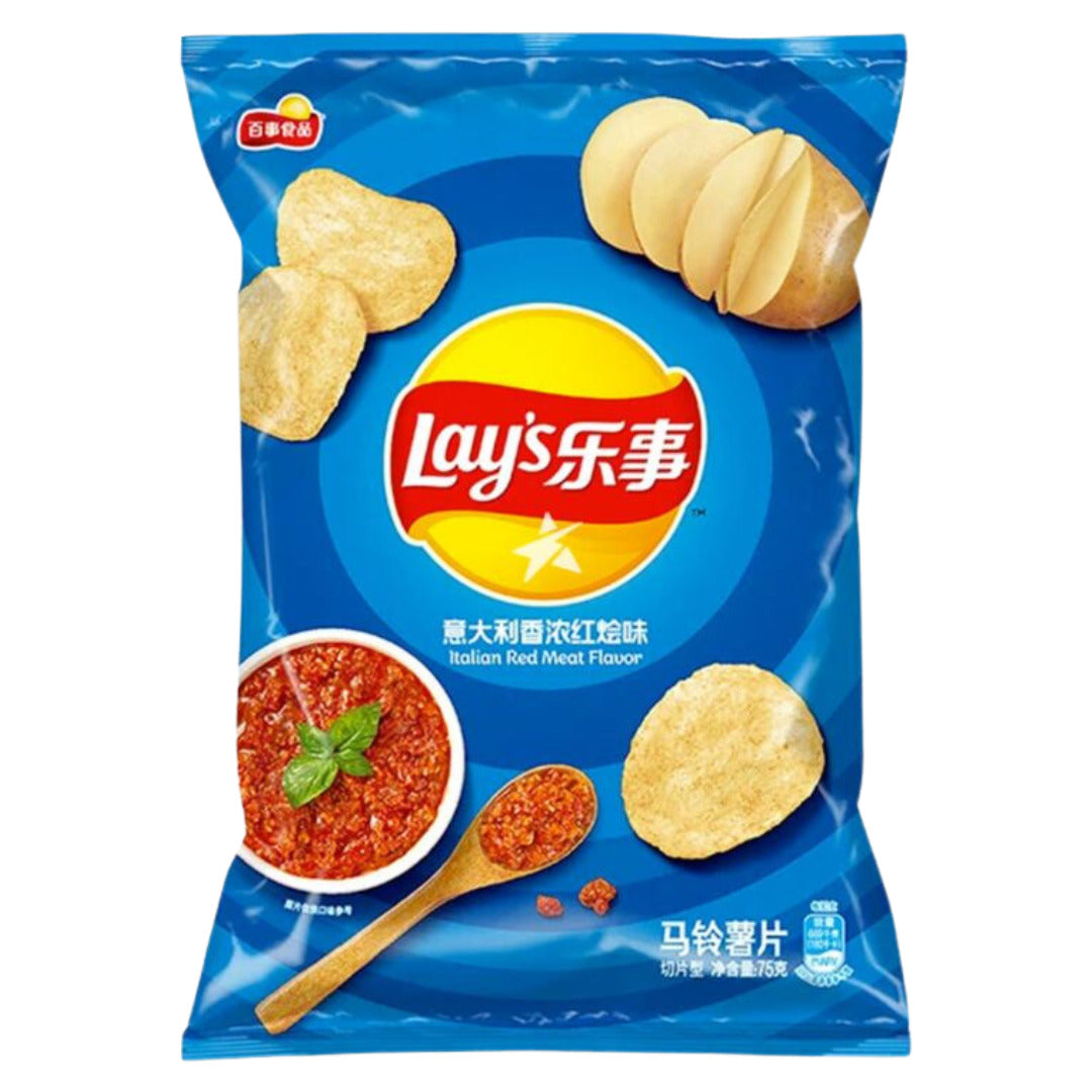 Front of Lay's Italian Red Meat (70g) bag showing the logo, red meat flavour description, and an image of meat sauce with basil.