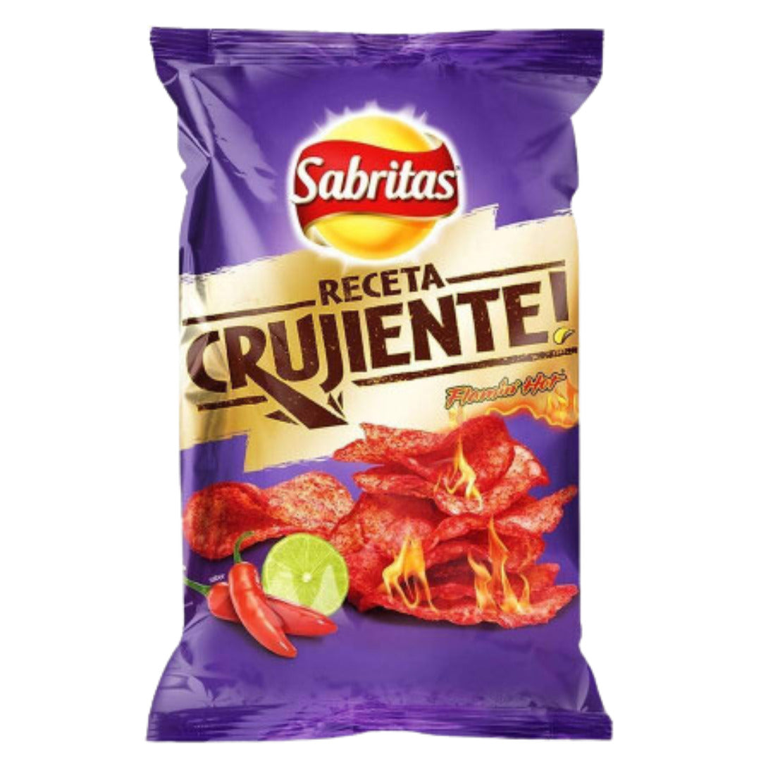 Front of Lay's Sabritas Crujientes Flaming Hot bag featuring bold colours, flaming hot flavour design, and crunchy snack imagery (42g pack)