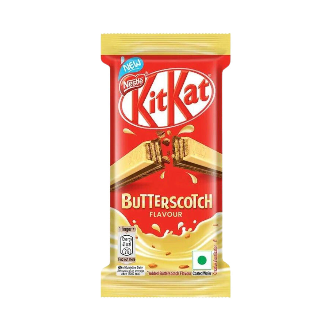 Front of Kit Kat Butterscotch wrapper showing the logo, butterscotch flavour statement, and the 27.5g pack size