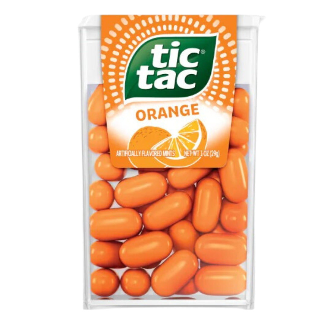 Front of Tic Tac Orange container showing vibrant orange mints with the product name and pack size (18g)