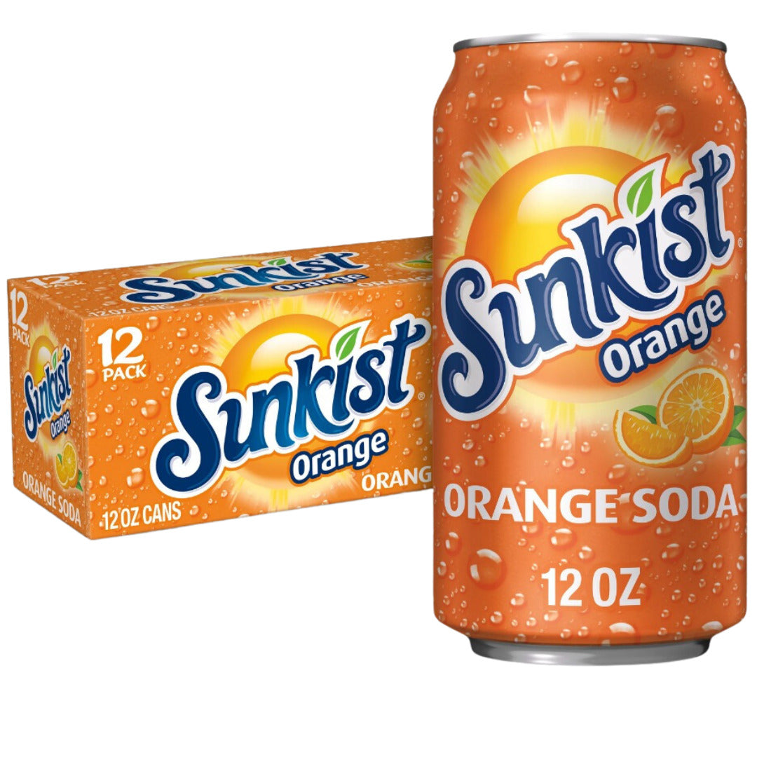 Front of Sunkist Orange soda case showing bright orange packaging, logo, and 12 cans of orange soda (355ml x12)