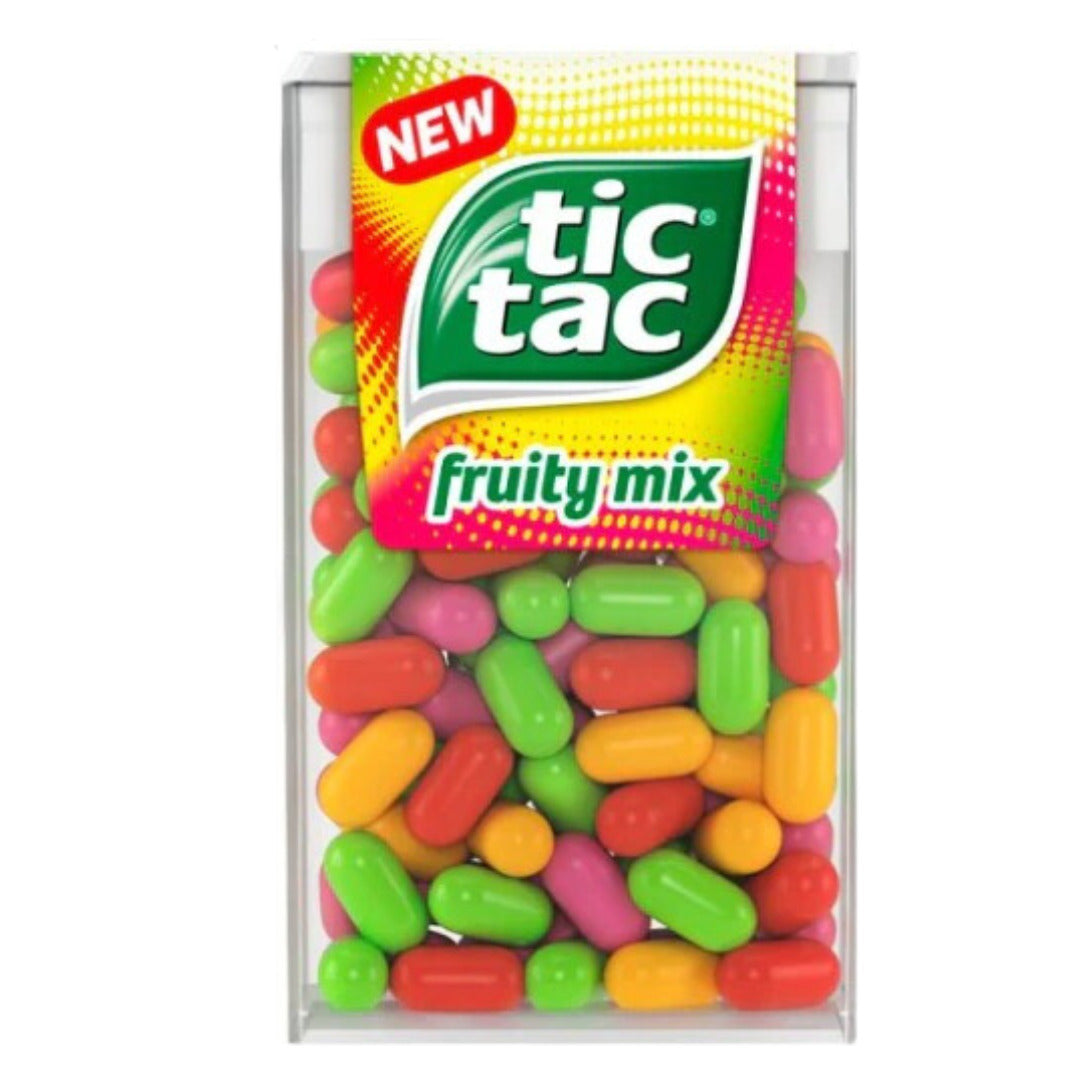 Front of Tic Tac Fruity Mix pack showing vibrant fruity colours, logo, and fruity mix mint shapes (18g pack)