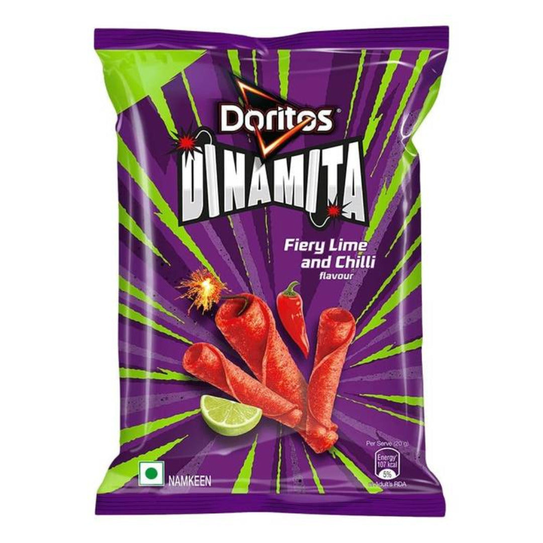 Front of Doritos Dinamita bag showing bold logo, fiery lime and chilli flavour text, and image of rolled chips (48g pack)