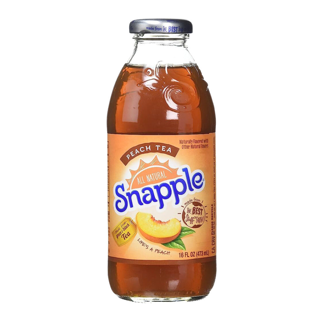 Front of Snapple Peach Tea bottle featuring the Snapple logo, peach tea label, and an image of a peach and a slice (473ml pack)