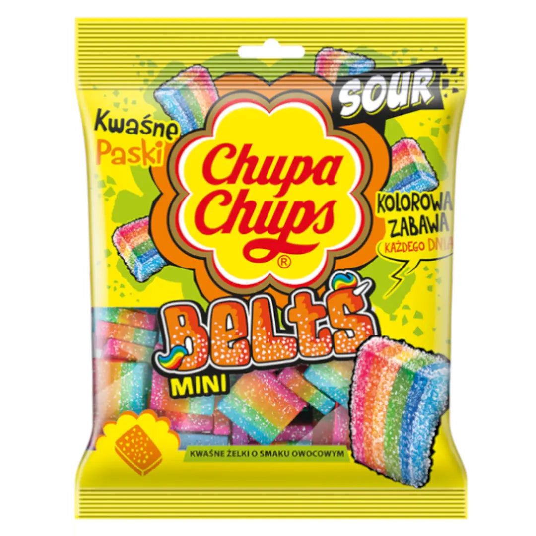 Front of Chupa Chups Sour Belts bag displaying vibrant rainbow colours, logo, and 160g pack size