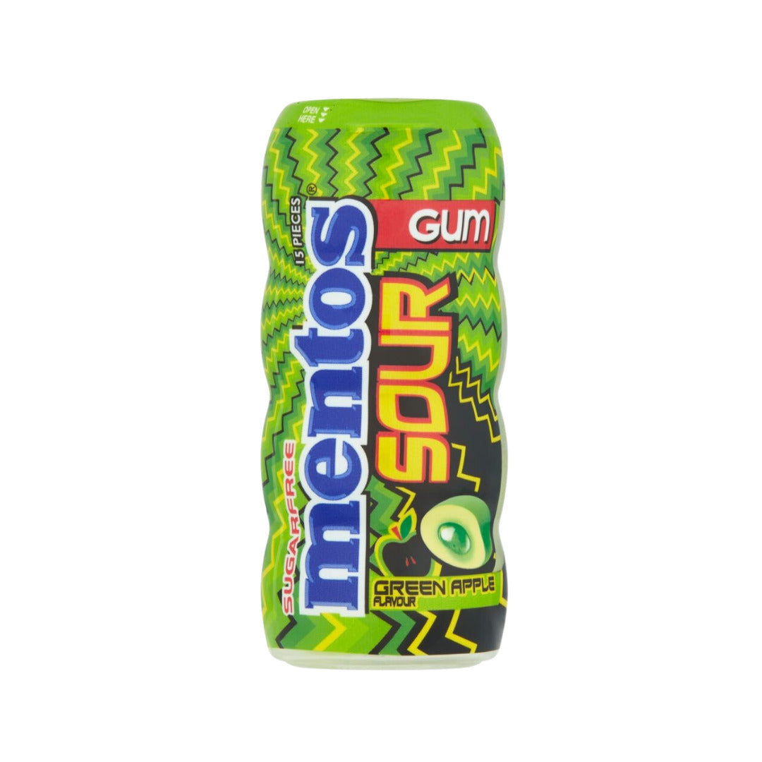 Front of Mentos Sour Bubble Gum Green Apple packaging showing bright green design, logo, and product name (30g pack)