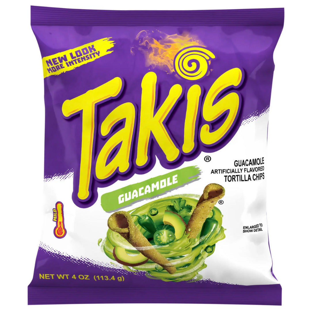 Front of Takis Guacamole Rolled Tortilla Corn Chips bag featuring the logo, guacamole flavour imagery, and pack size of 92g.