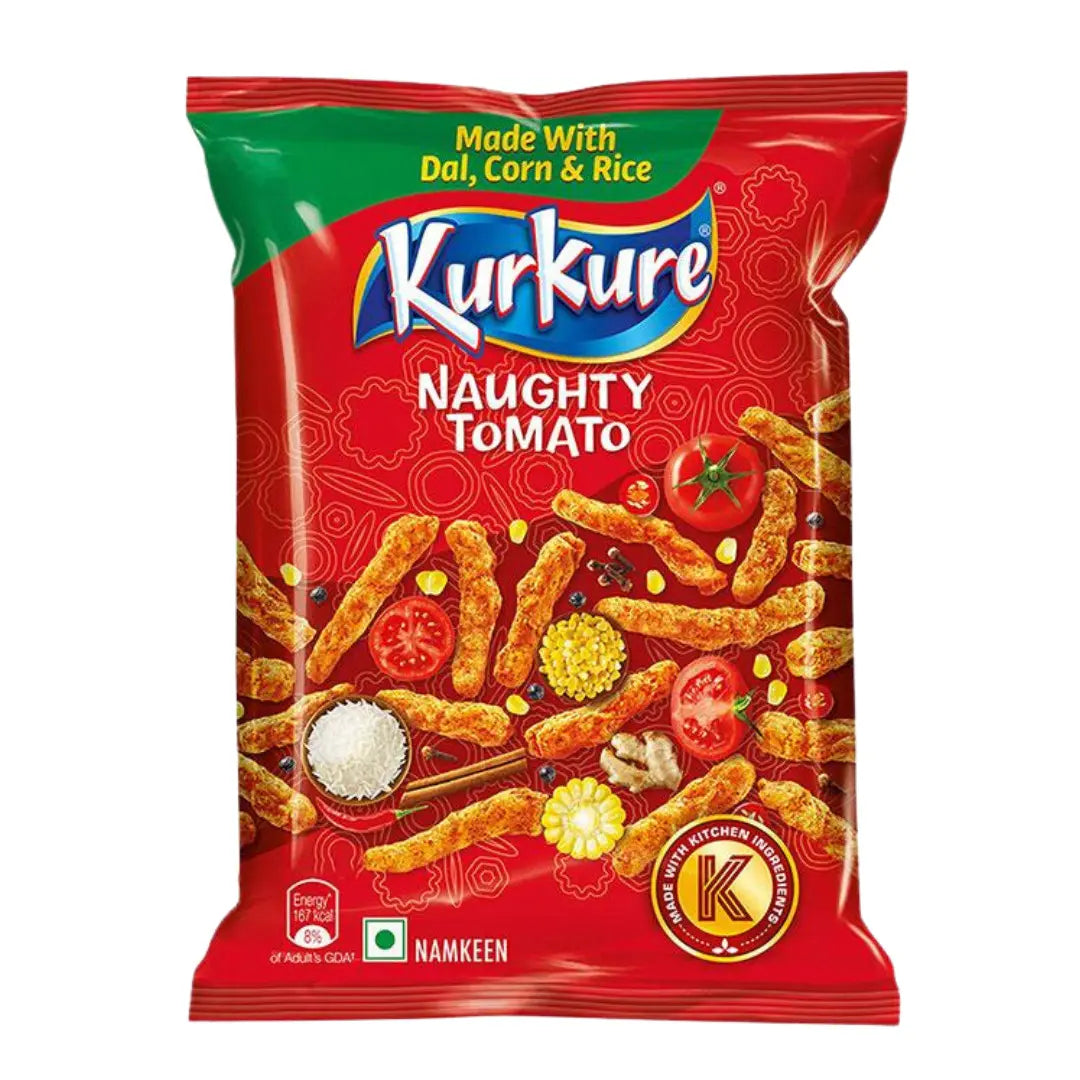 Front of Kurkure Naughty Tomato 70g bag showing the Kurkure logo, vibrant red packaging, and crunchy tomato-flavoured snack pieces.