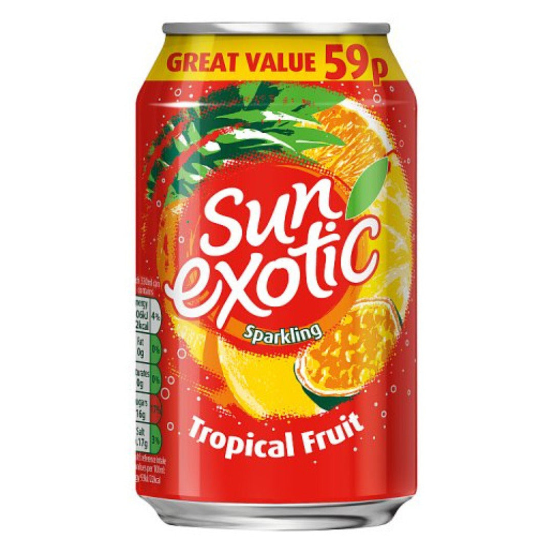 Front of Sun Exotic Tropical Fruit can featuring a red label with vibrant tropical fruit graphics and sparkling drink branding (330ml)