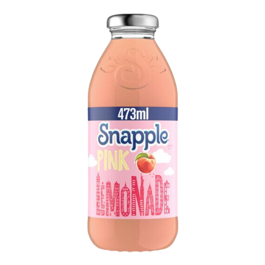 Front of Snapple USA Pink Lemonade bottle showing the logo and vibrant pink label with peach illustration (473ml)